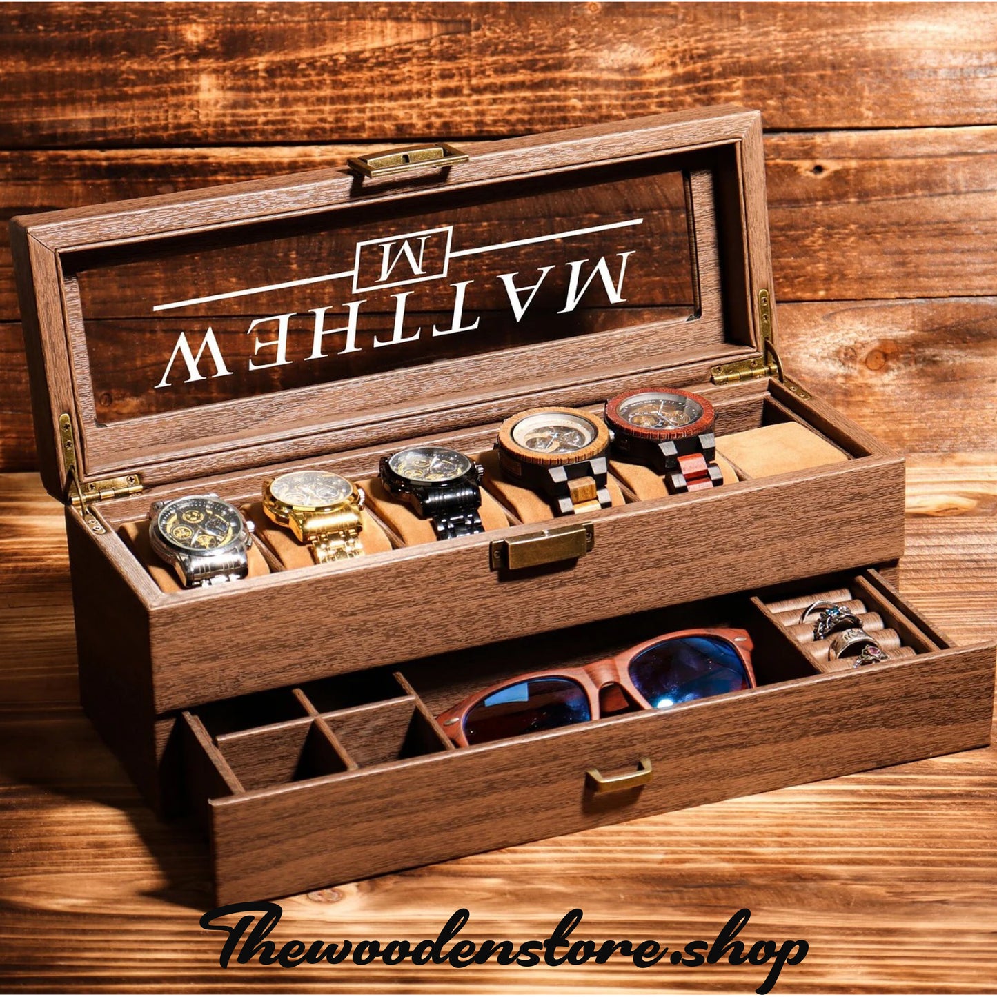 6 Slots Wooden Watch Box With Multi Drawers