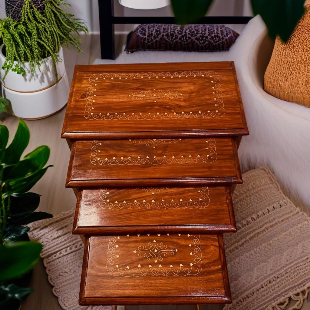 Sheesham Wood Nesting Tables with Brass Work (Set of 4)