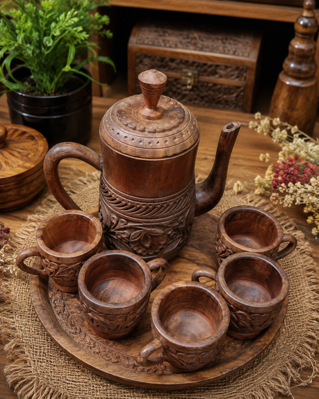 Handcrafted Pure Sheesham Wood Tea Set – Premium Quality & 100% Usable