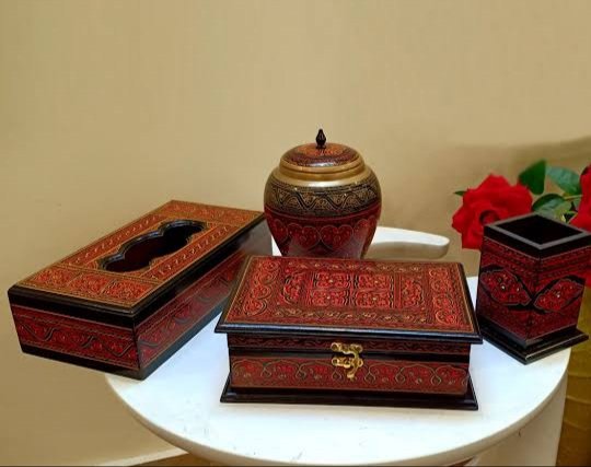 Wooden Handmade Naqshi Art Set Of 4( tissue box,Jewellary Box, Brush Jar, candy jar)