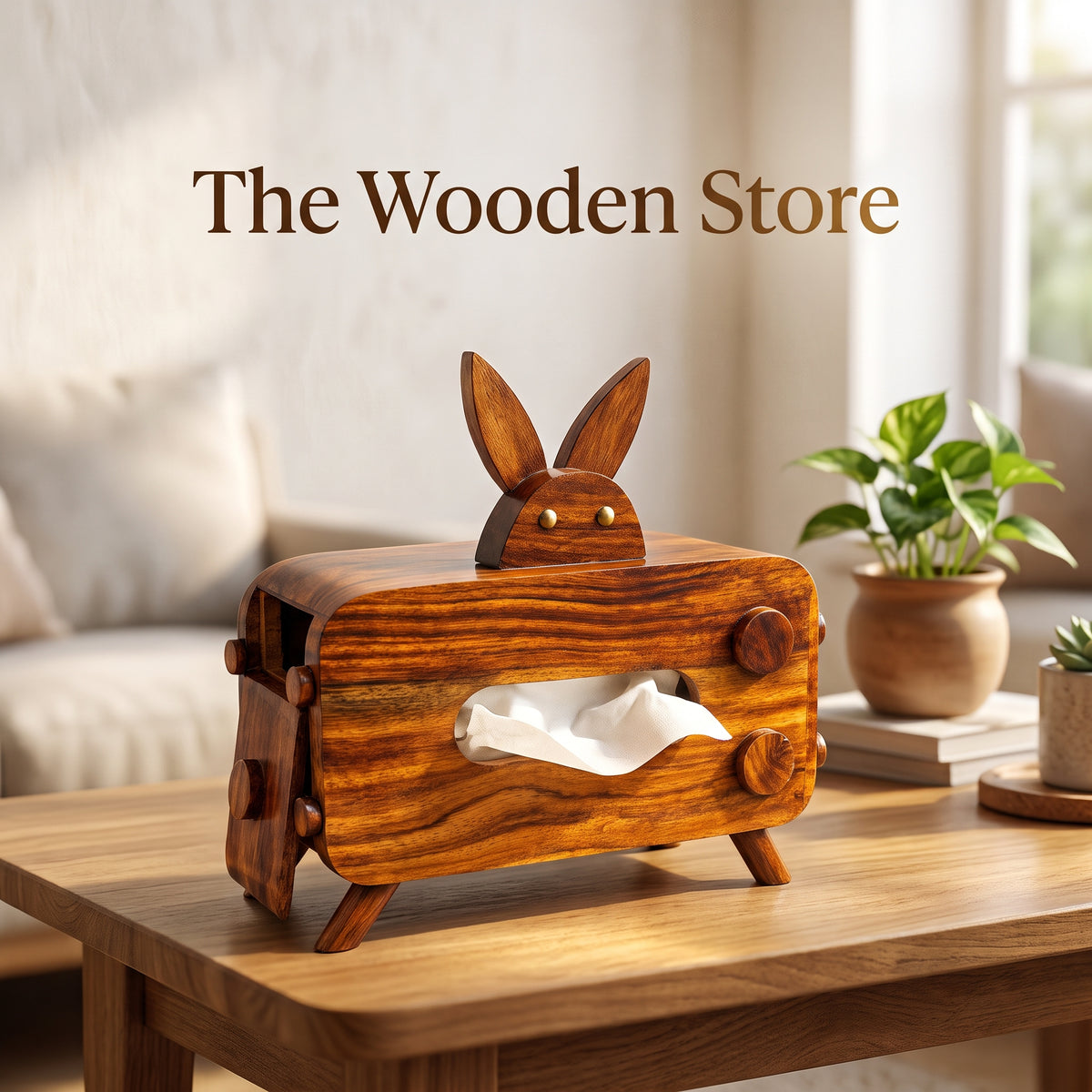 Handcrafted Sheesham Wood Rabbit Tissue Holder – Elegant Wooden Home Décor