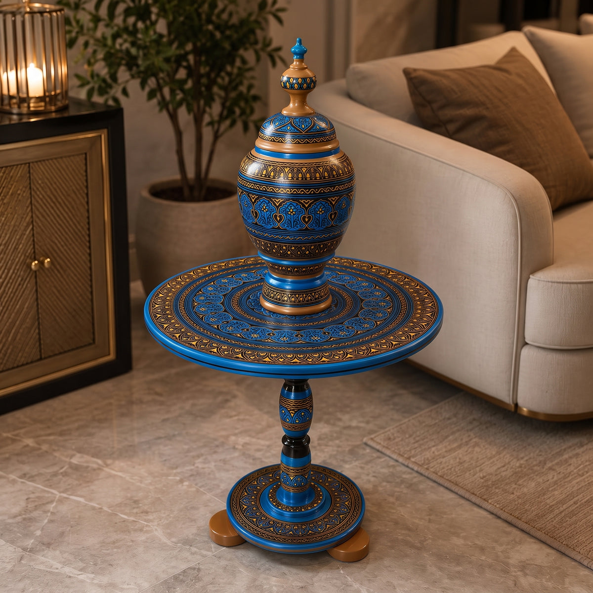 Royal Blue Naqshi Art Handmade Wooden Coffee Table with Candy Jar