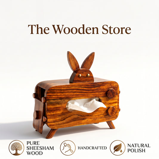 Handcrafted Sheesham Wood Rabbit Tissue Holder – Elegant Wooden Home Décor