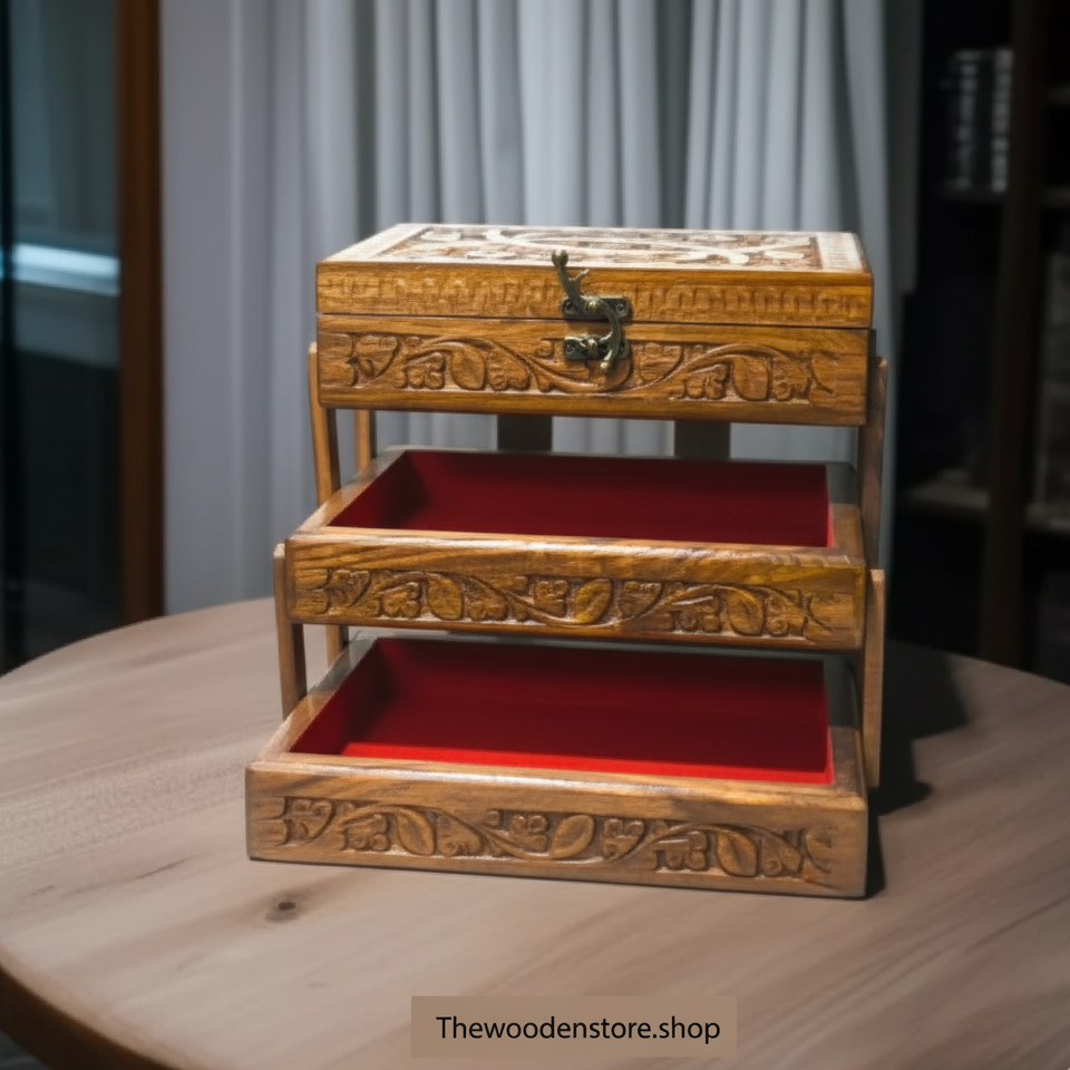 3 Tier Wooden Jewellery Box With Naqshi art