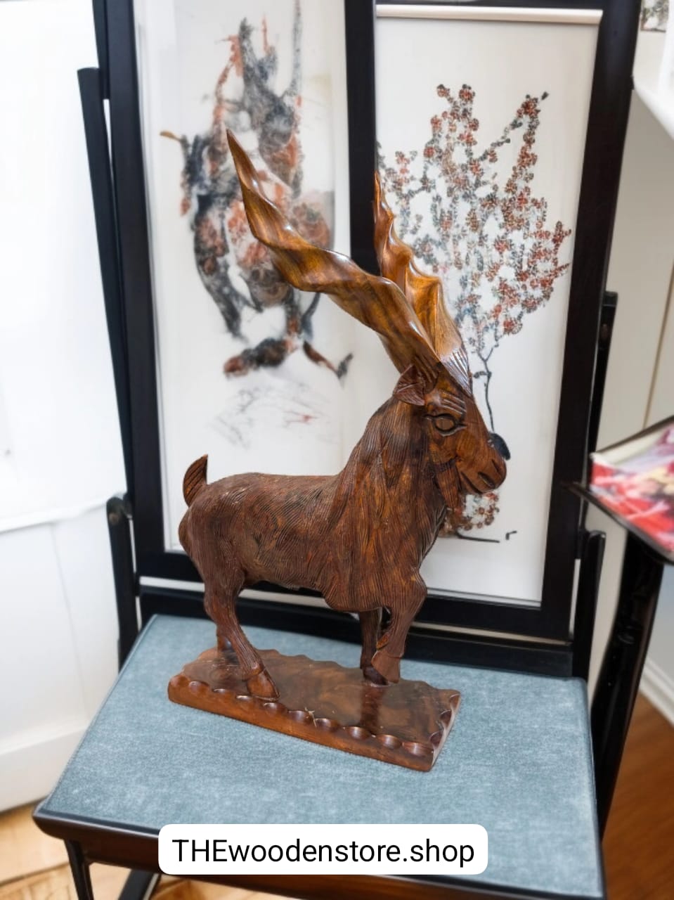 Handcrafted Wooden Markhor Sculpture