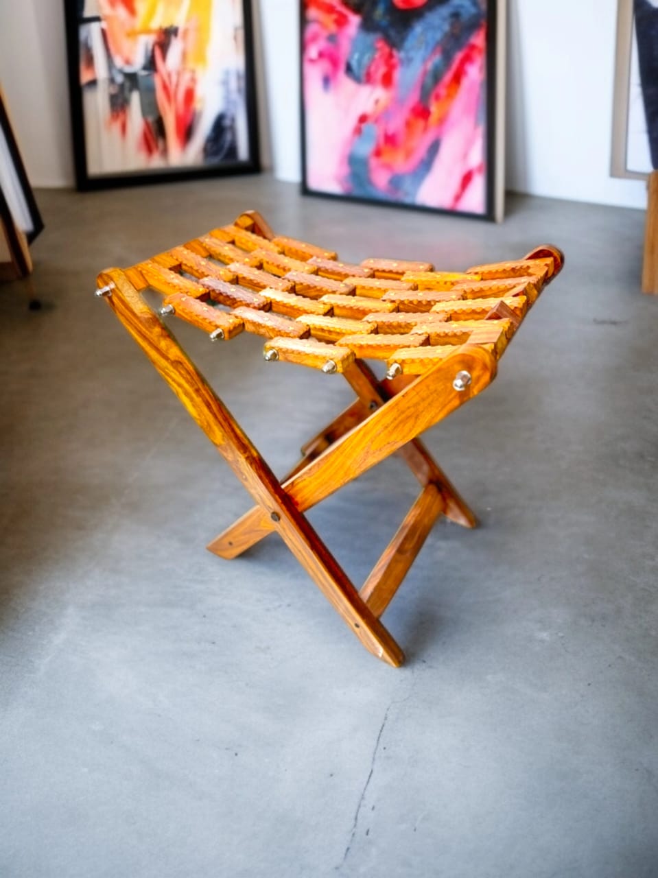 Handmade Wooden Stool, Foldable, with Brass Work