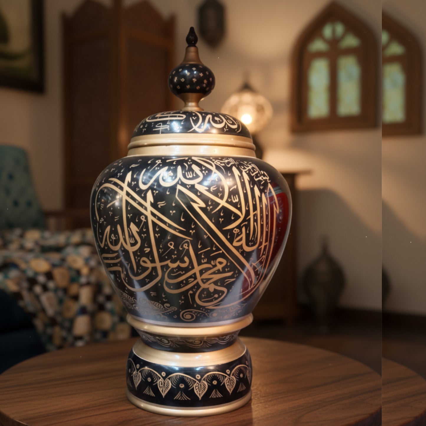 Wooden handmade Black and Blue Islamic Naqshi Art Jar