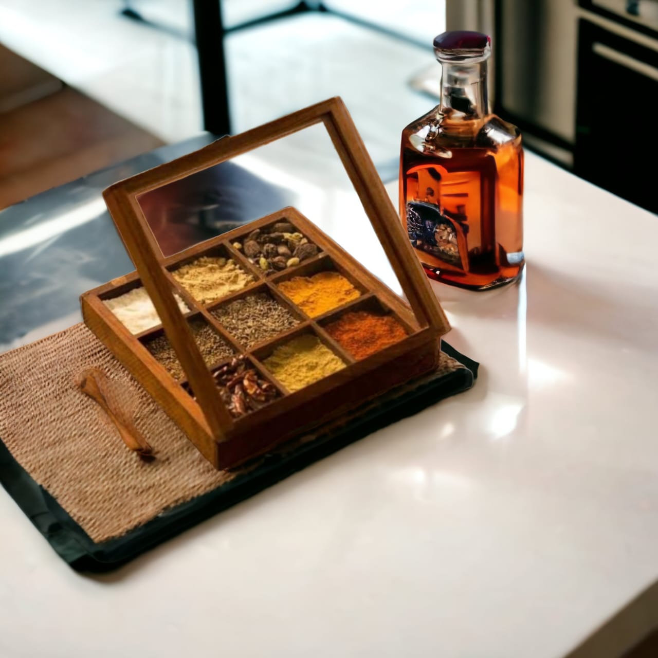 Wooden Hand made Masala box with Glass top