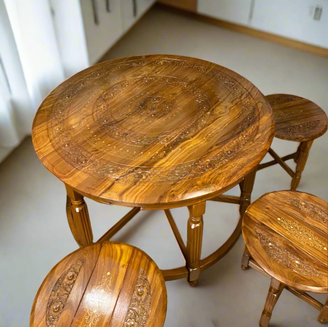 Round Sheesham Wood Coffee Table Mongol Style Dinning (1 Main+ 6 Stools) 🌿