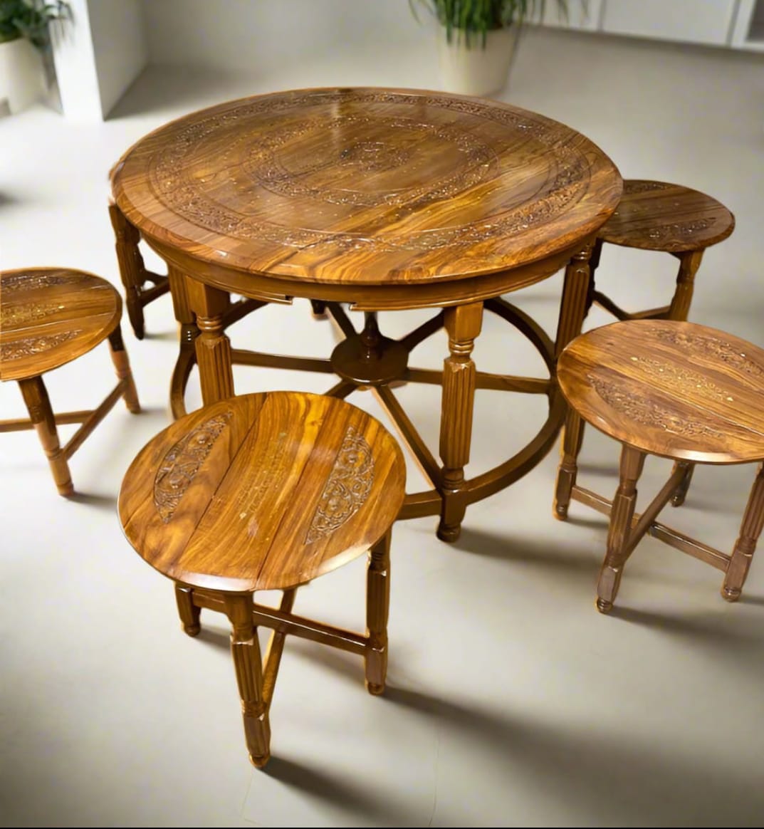 Round Sheesham Wood Coffee Table Mongol Style Dinning (1 Main+ 6 Stools) 🌿