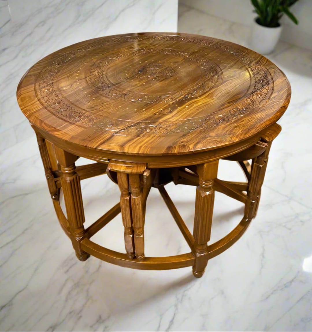 Round Sheesham Wood Coffee Table Mongol Style Dinning (1 Main+ 6 Stools) 🌿