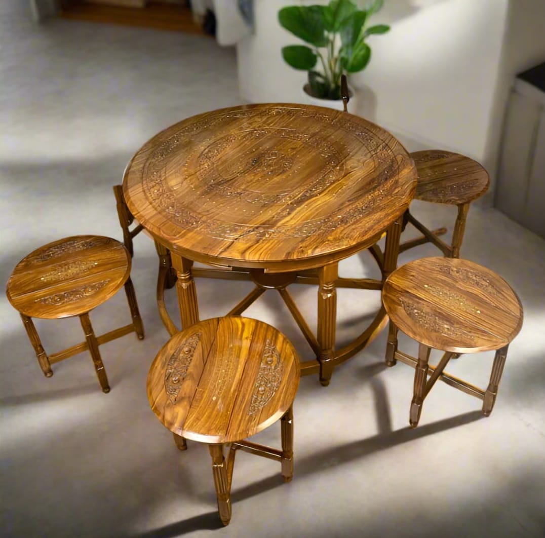 Round Sheesham Wood Coffee Table Mongol Style Dinning (1 Main+ 6 Stools) 🌿