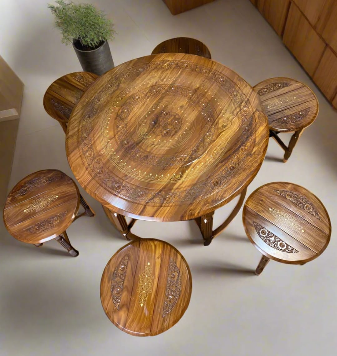 Round Sheesham Wood Coffee Table Mongol Style Dinning (1 Main+ 6 Stools) 🌿