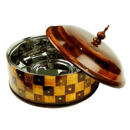 wooden handmade Hotpot with beautiful Brass work with steel inner