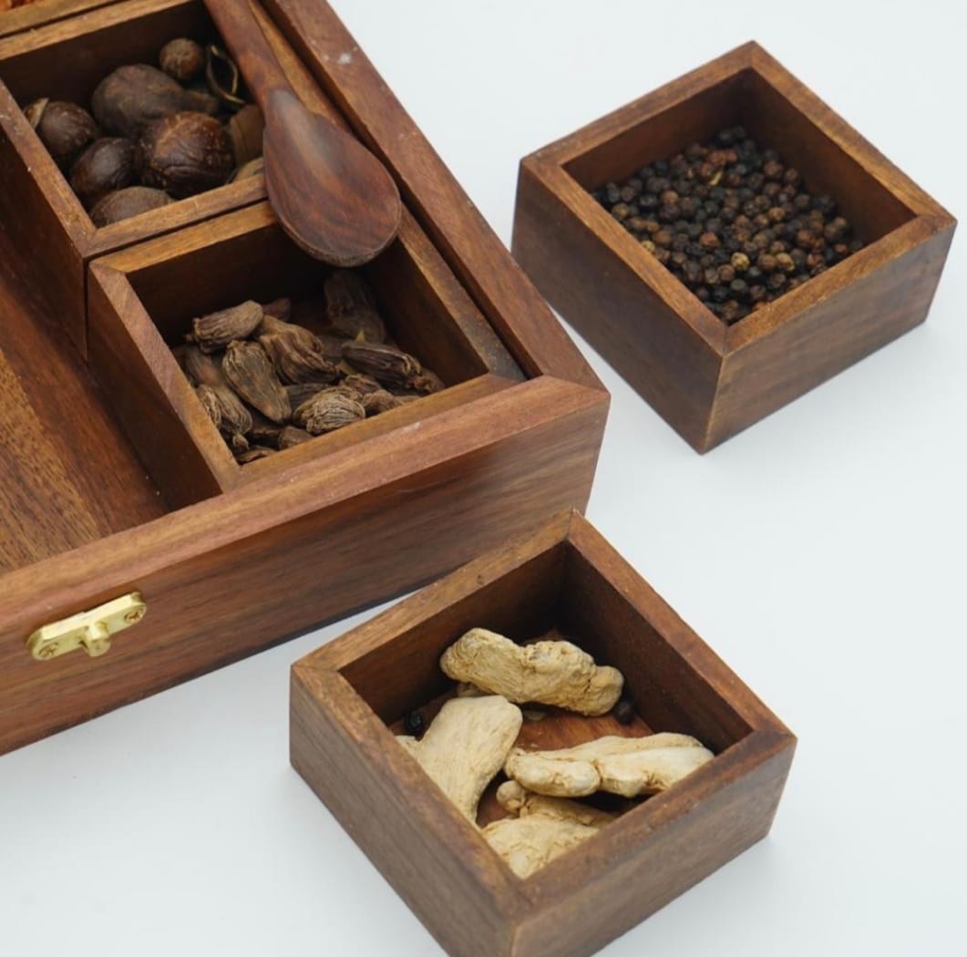 Wooden Hand made Masala box with Glass top