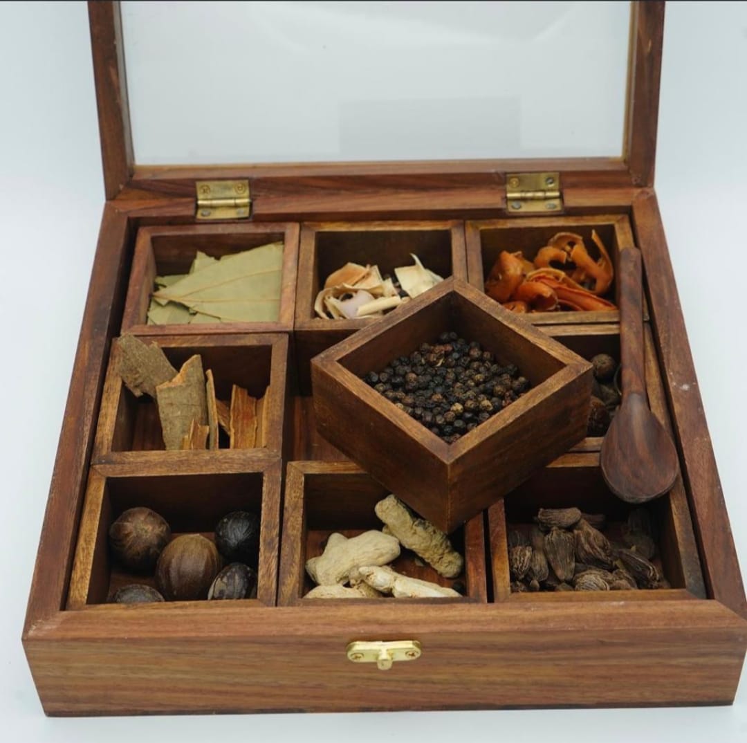 Wooden Hand made Masala box with Glass top