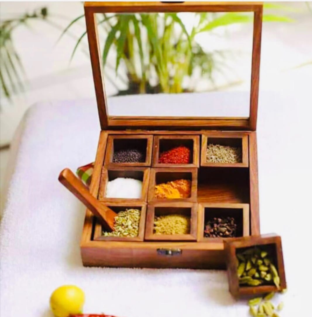 Wooden Hand made Masala box with Glass top