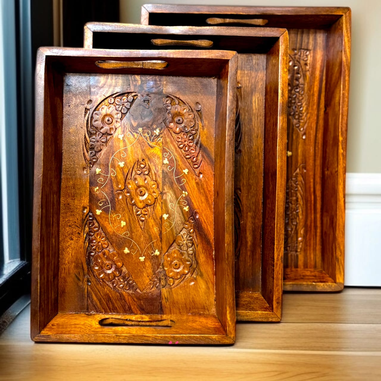 Wooden Tray set of 3 carving Art