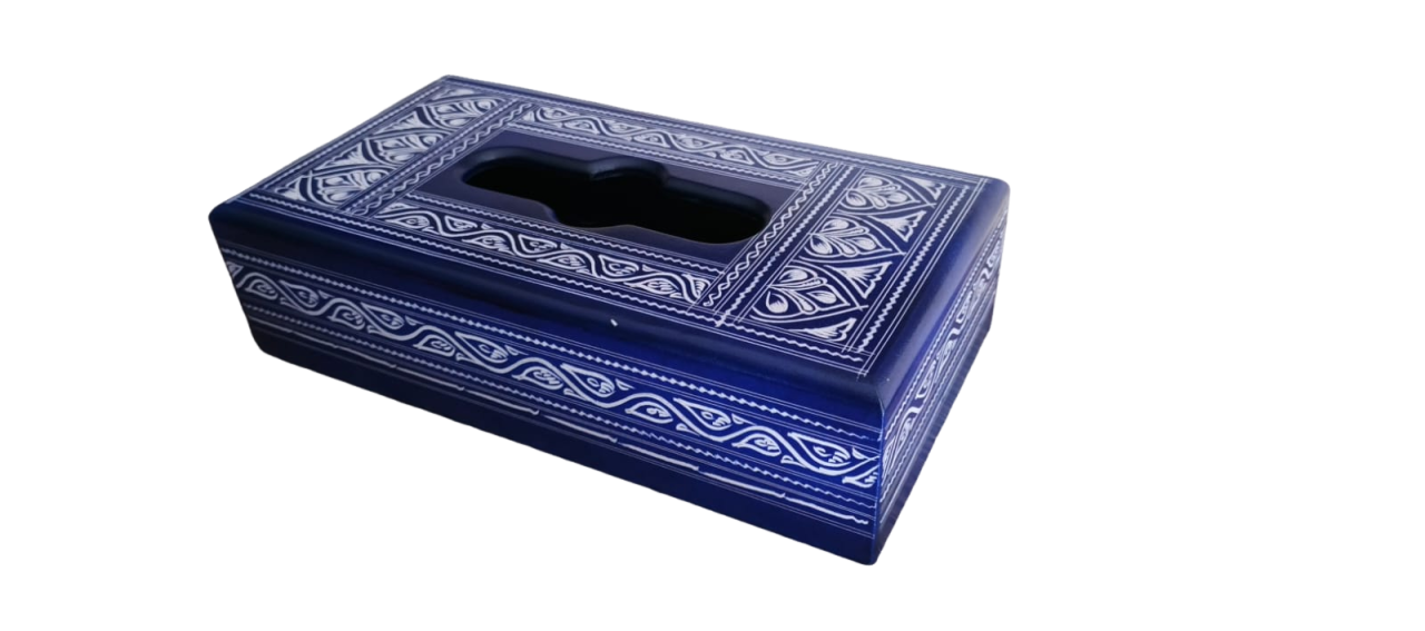 Handcrafted Wooden Tissue Box – Naqshi Art – Blue and White Potry – 6x11 inch
