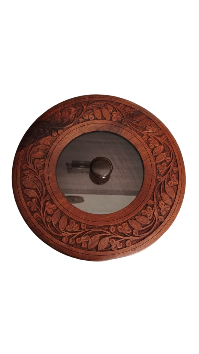 “Royal Sheesham Hotpot Carving Work With Glass Lid– The Wooden Store Edition”