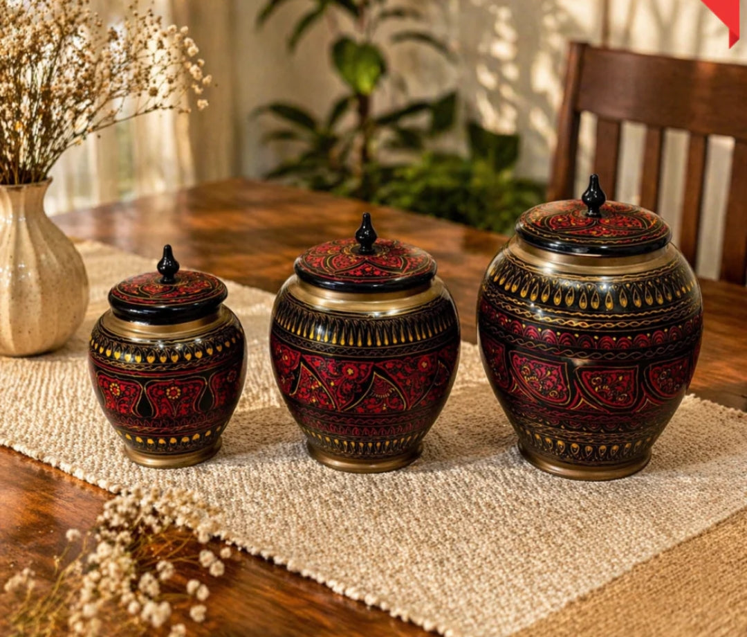 Wooden Candy Jars Set of 3 With Art Work( 4.5.6 Belly size) inches Height 6,8,10 Inches