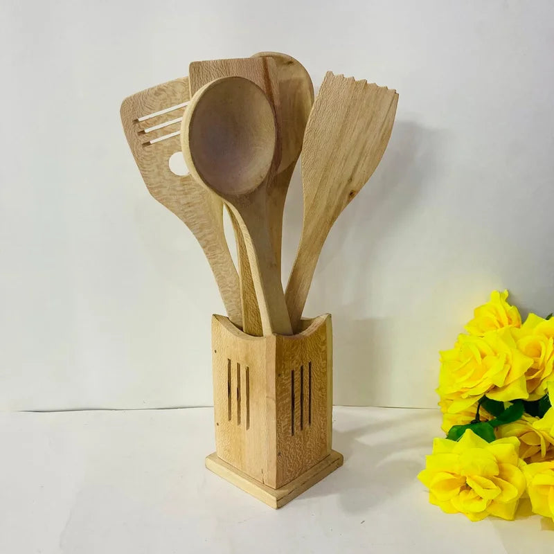 Wooden Cooking Spatulas With Pot Set of 6