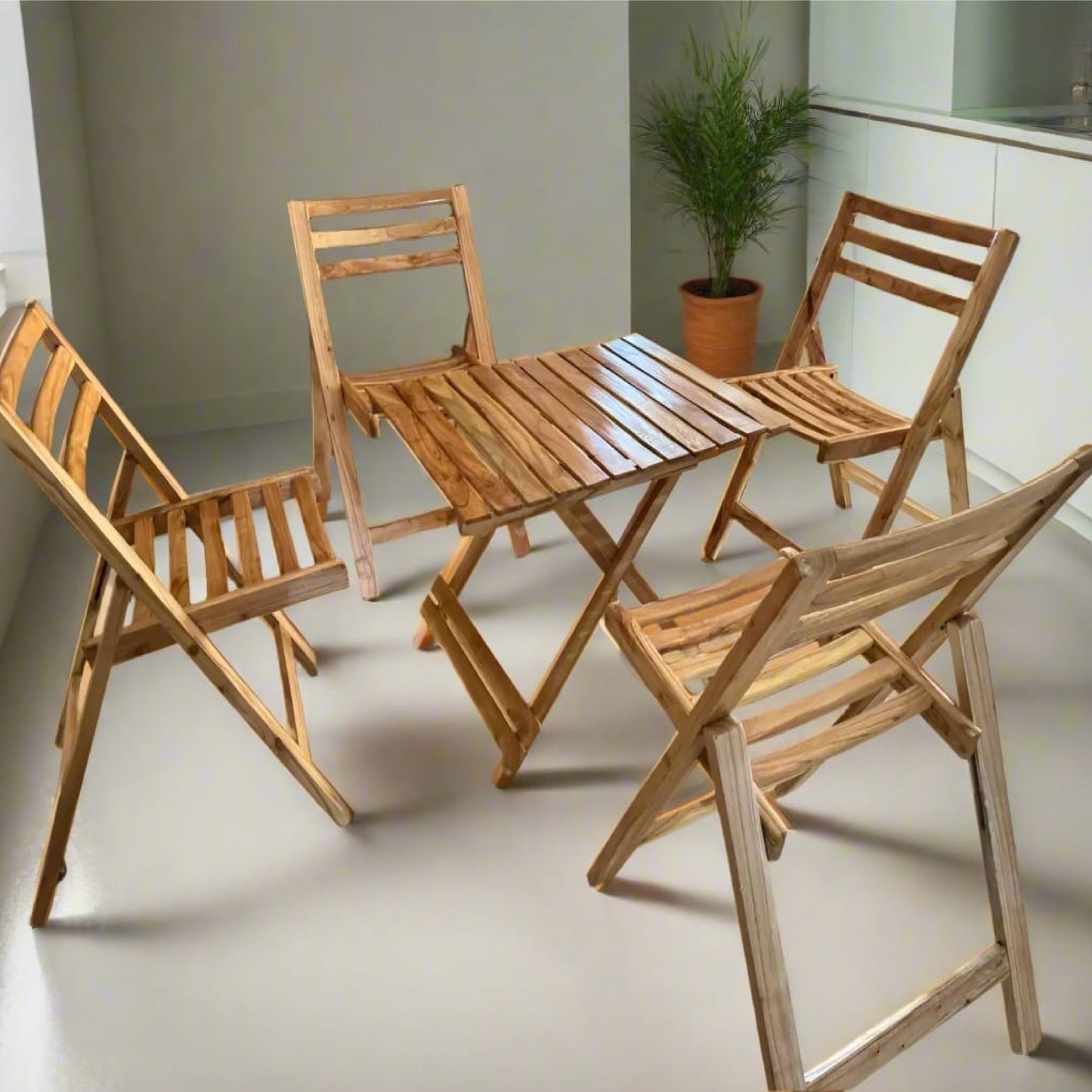 Stylish Solid wooden Beach Wood Folding Table & Chairs. 4 Chairs and 1 Table