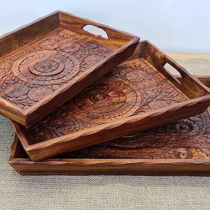 Wooden Serving Tray Set of 3 Pcs – Beautiful Inlay Work