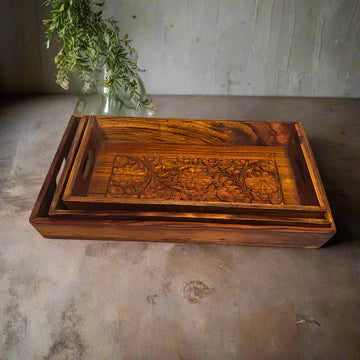 Wooden Tray set of 3 carving Art