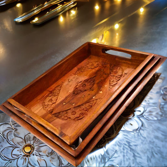 Wooden Serving Tray Set of 3 Pcs – Beautiful Inlay Work