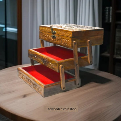 3-tier wooden jewellery box with Naqshi art—front angle