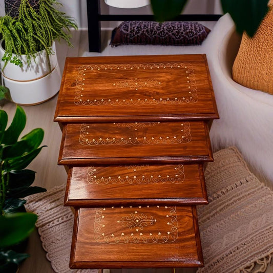 Sheesham Wood Nesting Tables with Brass Work (Set of 4)