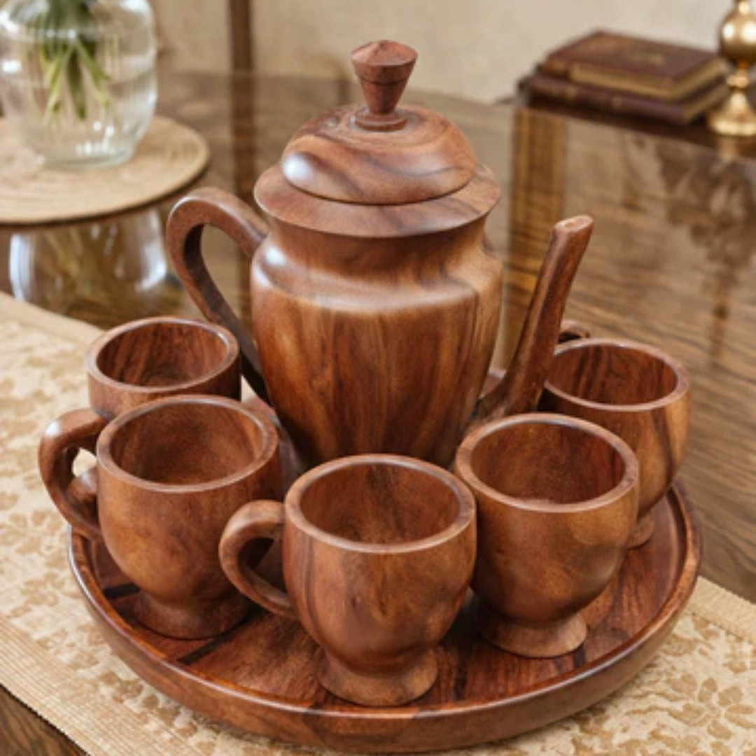 Handcrafted Pure Sheesham Wood Tea Set – Premium Quality & 100% Usable