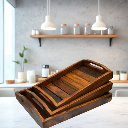 Beautiful Solid Sheesham wooden handmade Mulberry Wooden Tray Set (Dark Brown)