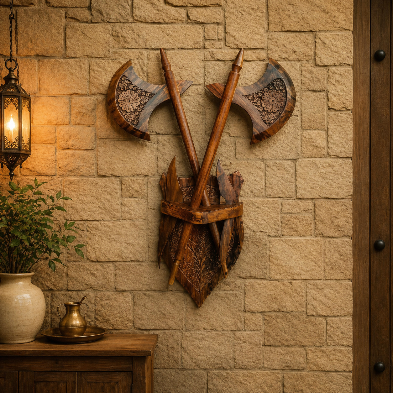 Royal Handcrafted Wooden Ax Set – Wall Décor Decoration Piece