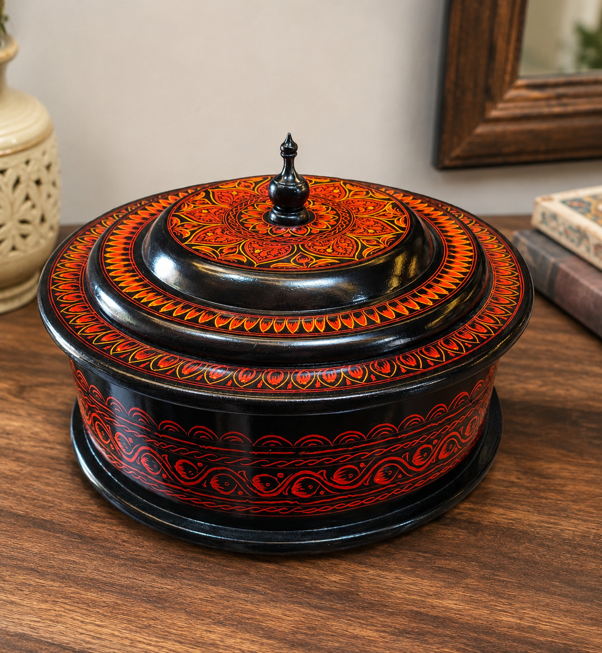 Premium Wooden Handmade Naqashi Art Hotpot – Steel Inner Serving Pot