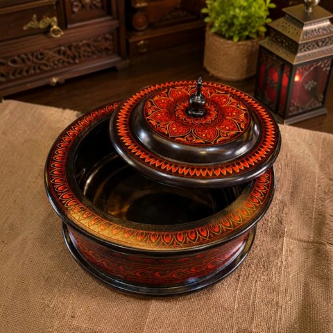 Premium Wooden Handmade Naqashi Art Hotpot – Steel Inner Serving Pot(Size: 12 × 5 Inches)
