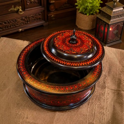 Premium Wooden Handmade Naqashi Art Hotpot – Steel Inner Serving Pot(Size: 12 × 5 Inches)