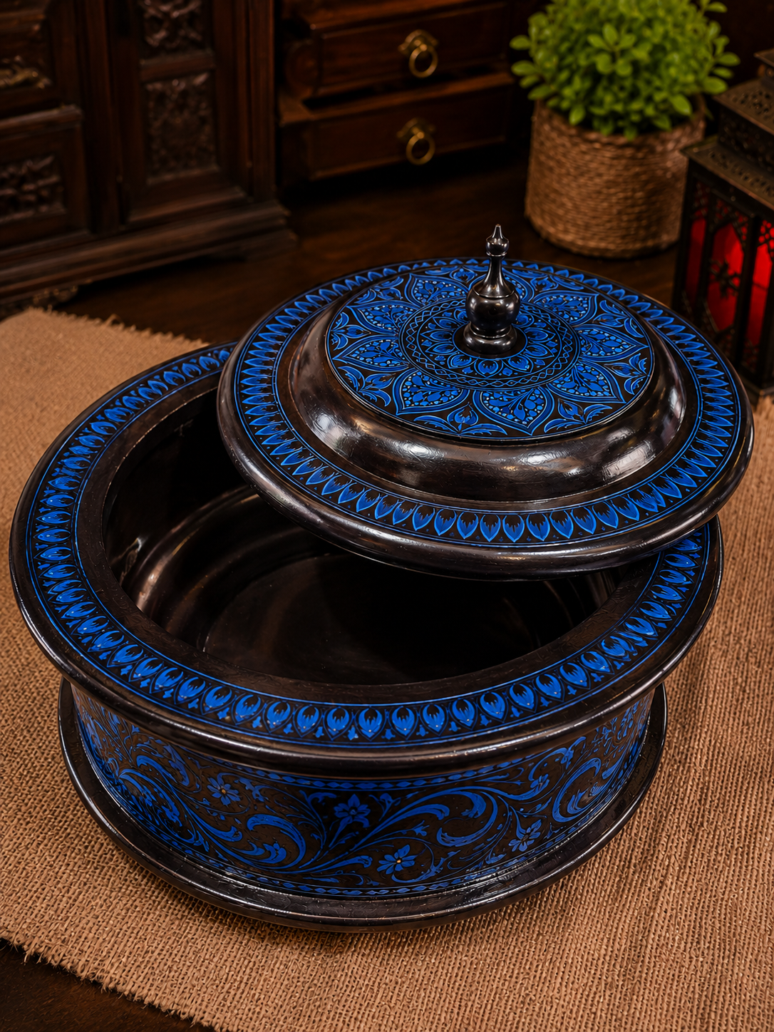Premium Wooden Handmade Naqashi Art Hotpot – Steel Inner Serving Pot