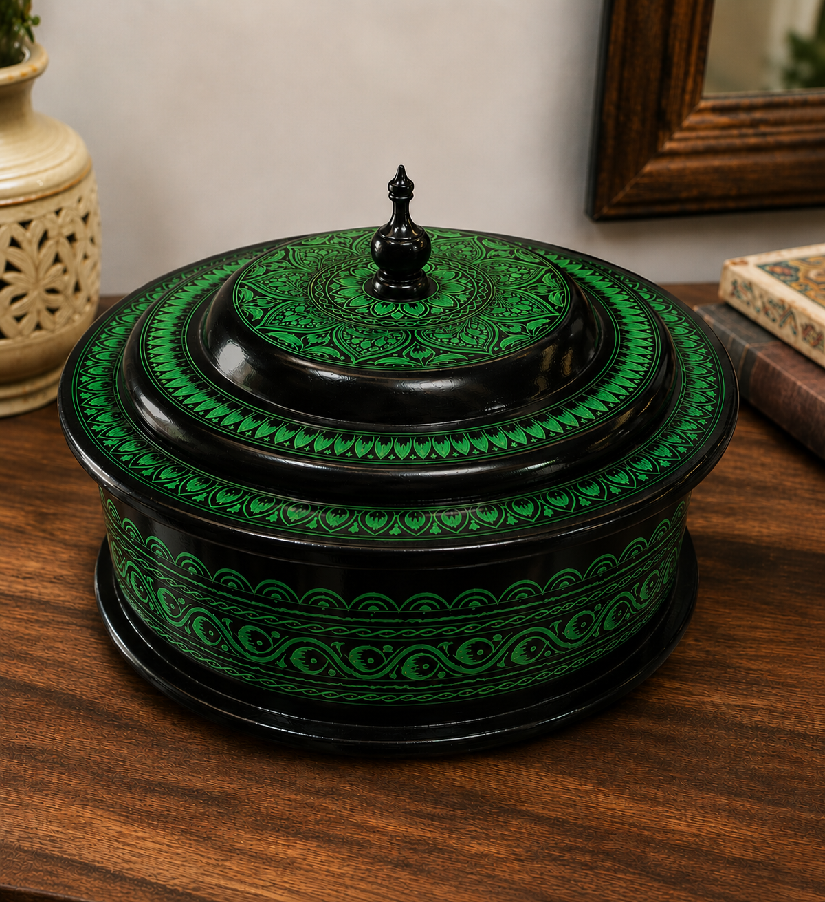 Premium Wooden Handmade Naqashi Art Hotpot – Steel Inner Serving Pot
