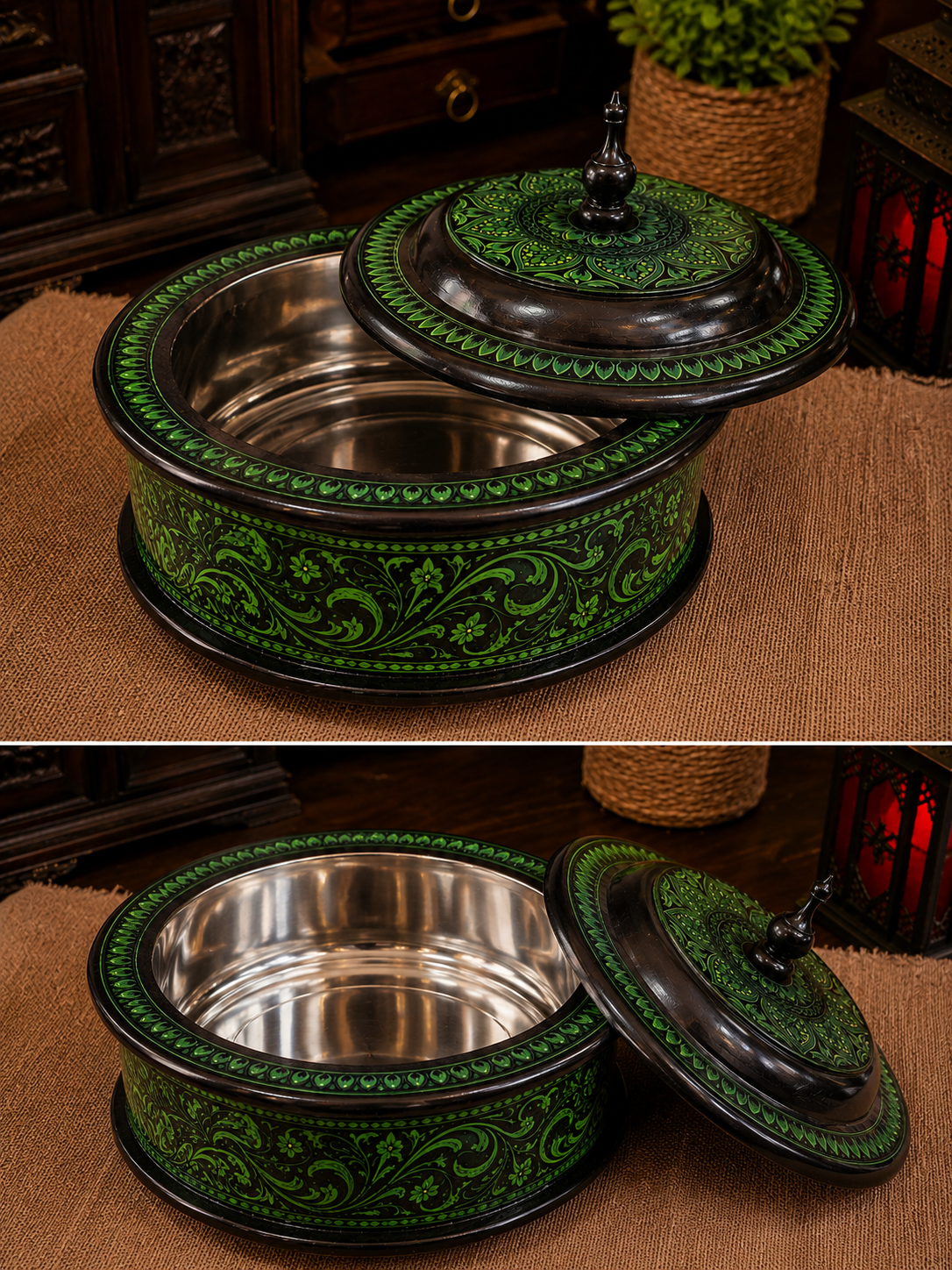 Premium Wooden Handmade Naqashi Art Hotpot – Steel Inner Serving Pot