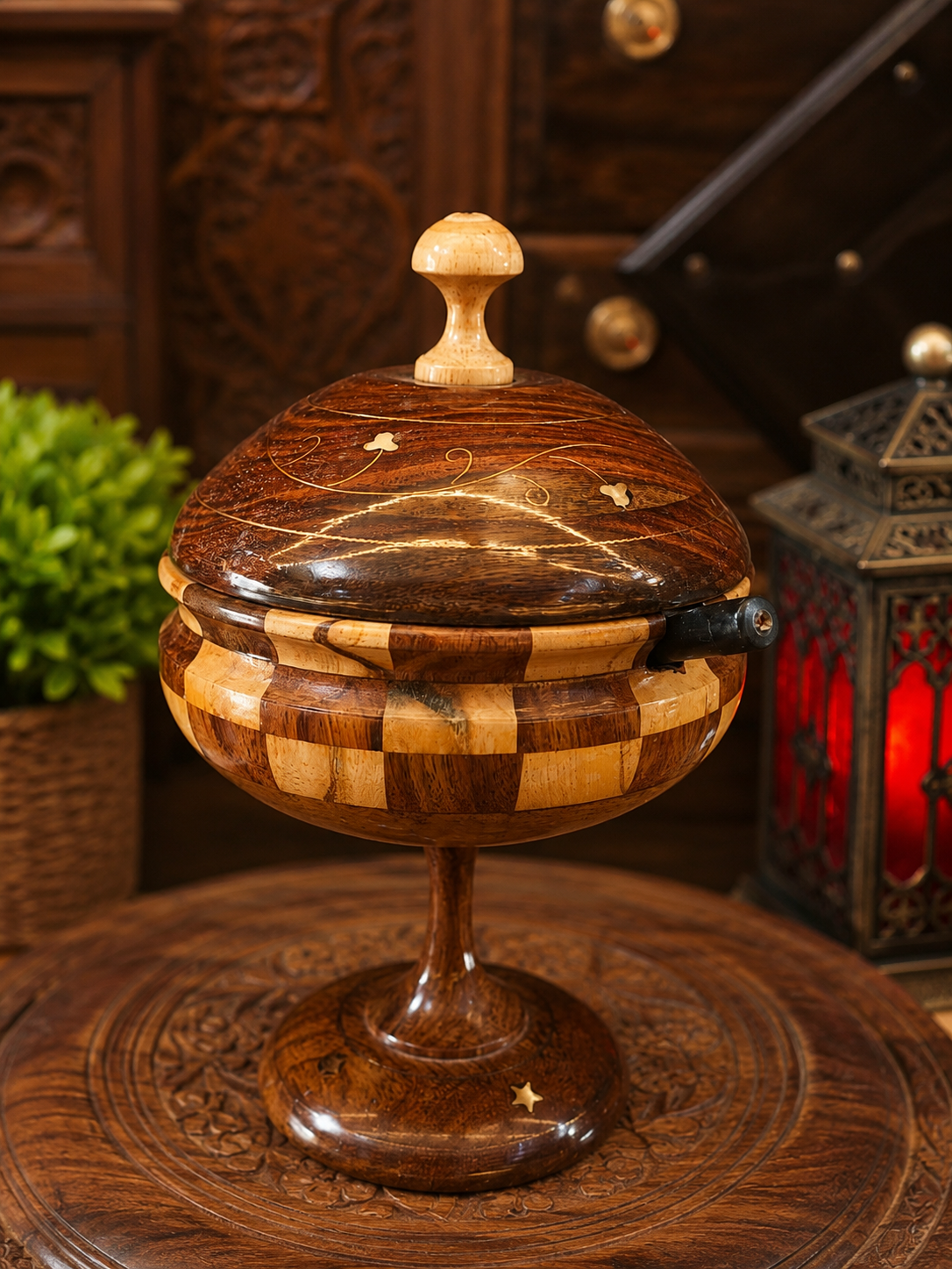 Premium Wooden Sugar Pot with Elegant Brass Work & Spoon