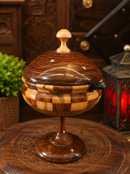 Premium Wooden Sugar Pot with Elegant Brass Work & Spoon