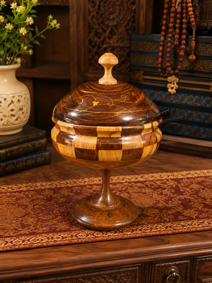 Premium Wooden Sugar Pot with Elegant Brass Work & Spoon