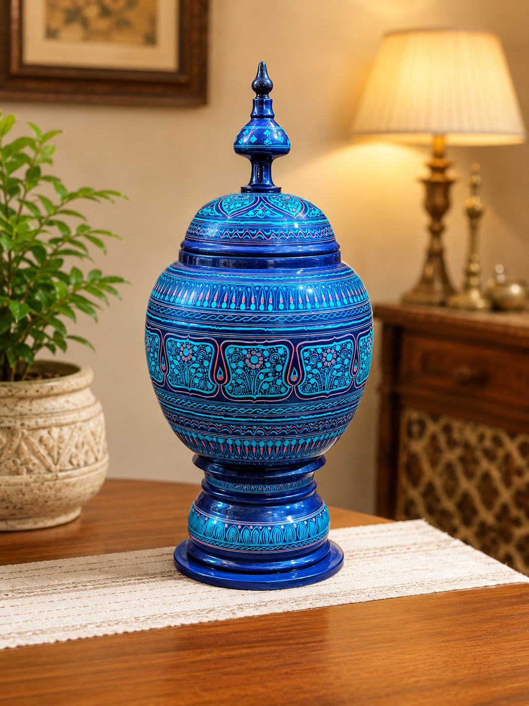 Premium Handmade Wooden Naqashi Art Jar – 15" x 7" Decorative Candy Jar