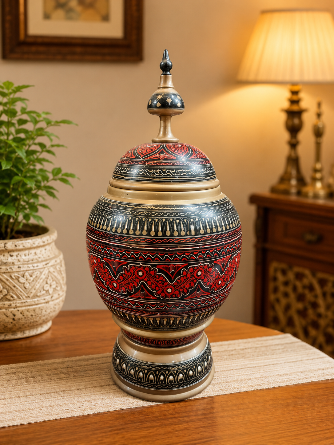 Premium Handmade Wooden Naqashi Art Jar – 15" x 7" Decorative Candy Jar