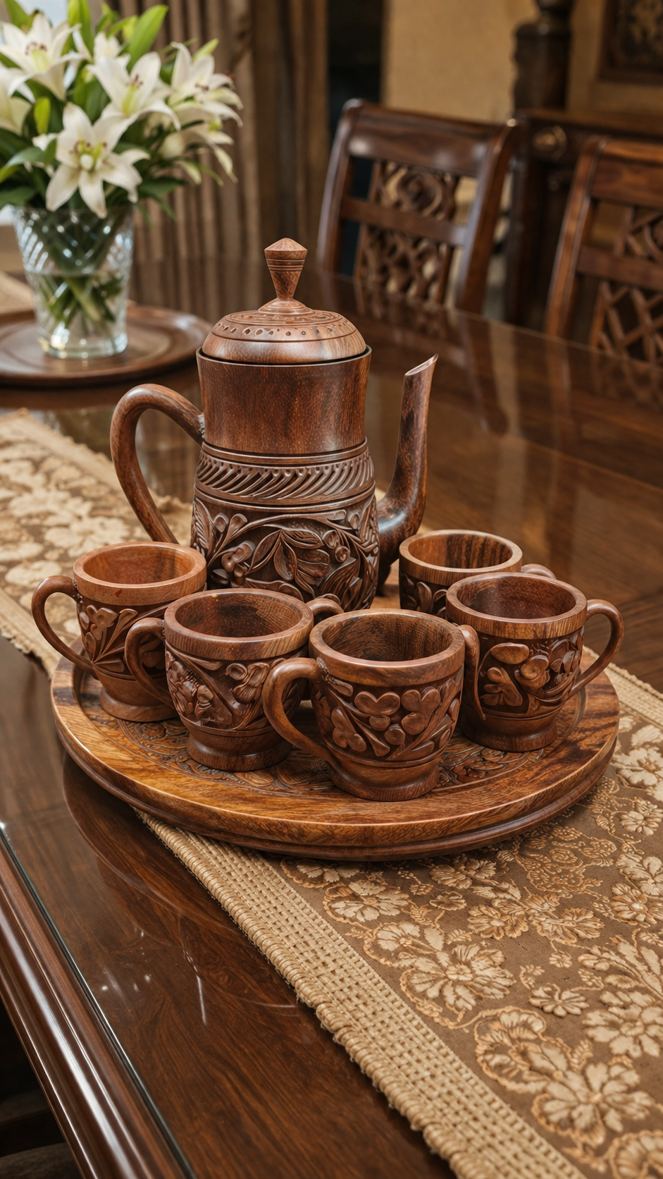 Handcrafted Pure Sheesham Wood Tea Set – Premium Quality &amp; 100% Usable