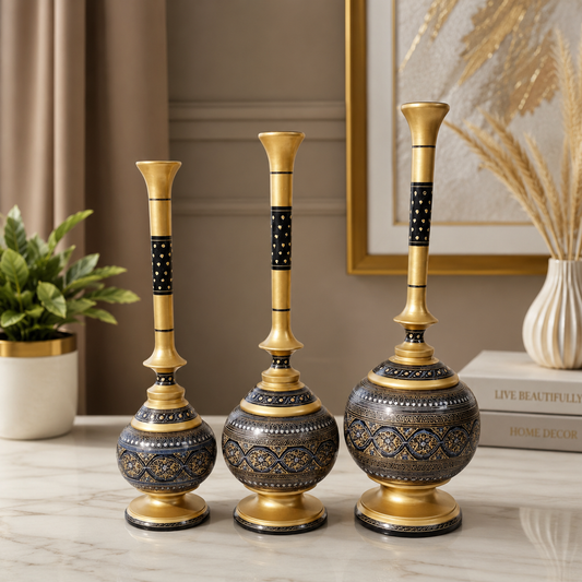 Luxury Handmade Wooden Naqshi Art Vase Set – 3-Piece Royal Home Décor Collection