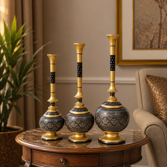 Luxury Handmade Wooden Naqshi Art Vase Set – 3-Piece Royal Home Décor Collection