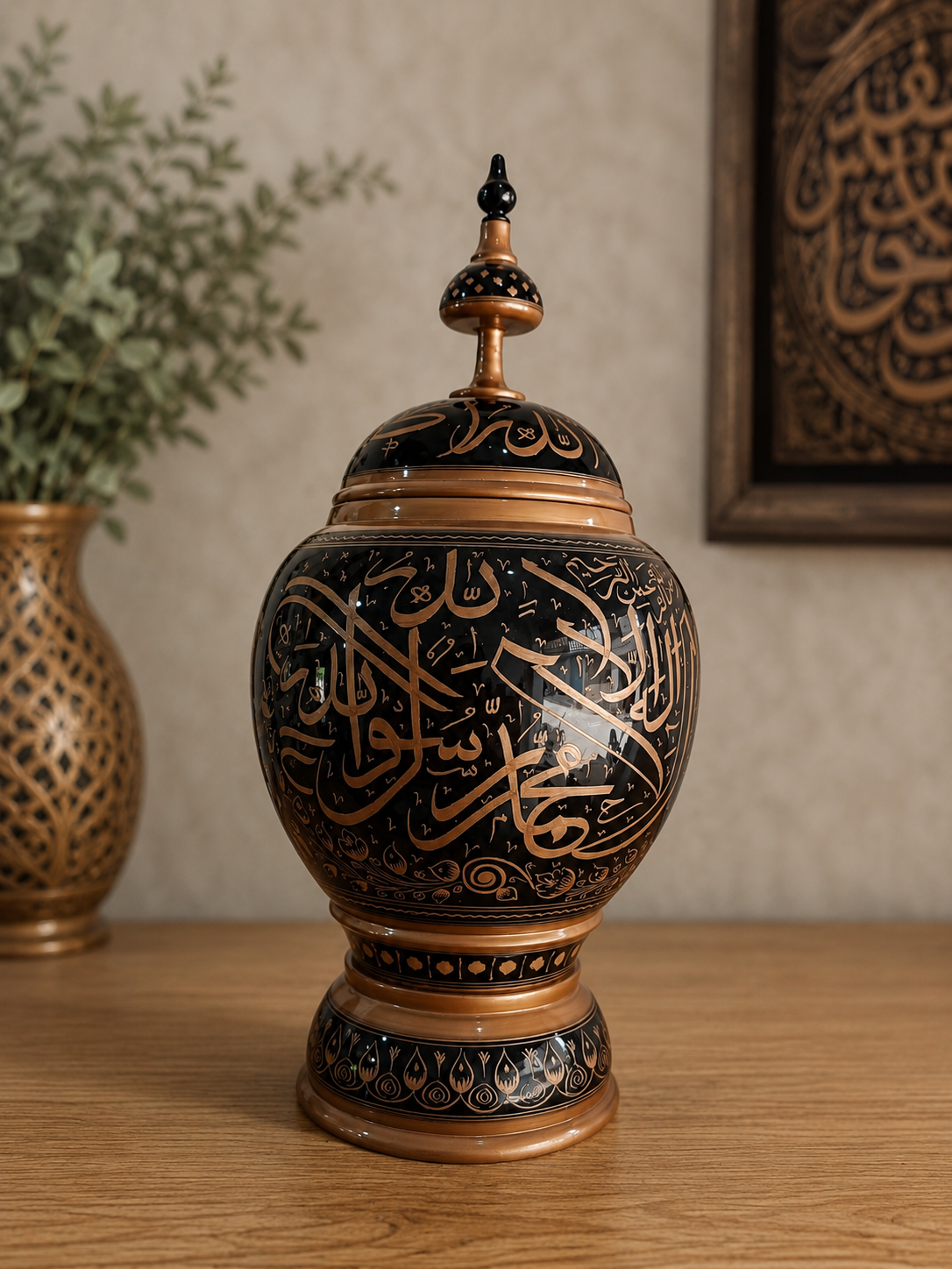 Handcrafted Wooden Naqshi Art Islamic Calligraphy Decorative Jar 16"